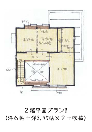 2階平面プランB(洋6帖 + 洋3.75帖 × 2 + 吹抜)